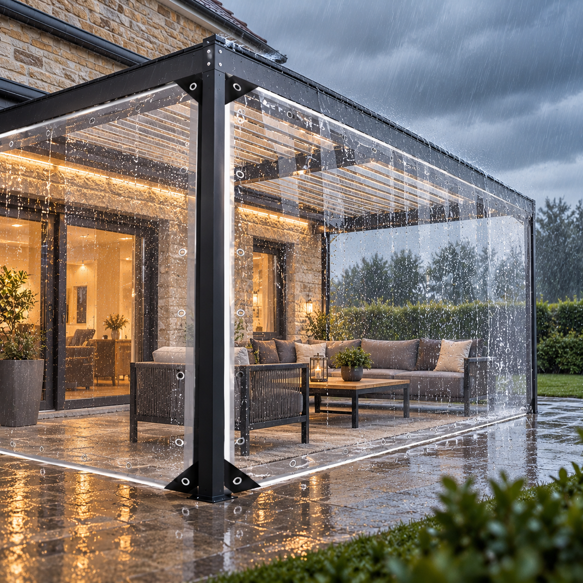 Bâche de protection pour pergola en PVC, conçue pour limiter l'exposition de votre terrasse à la pluie et au vent tout en améliorant le confort de votre espace extérieur | Panorama | Instant rideau