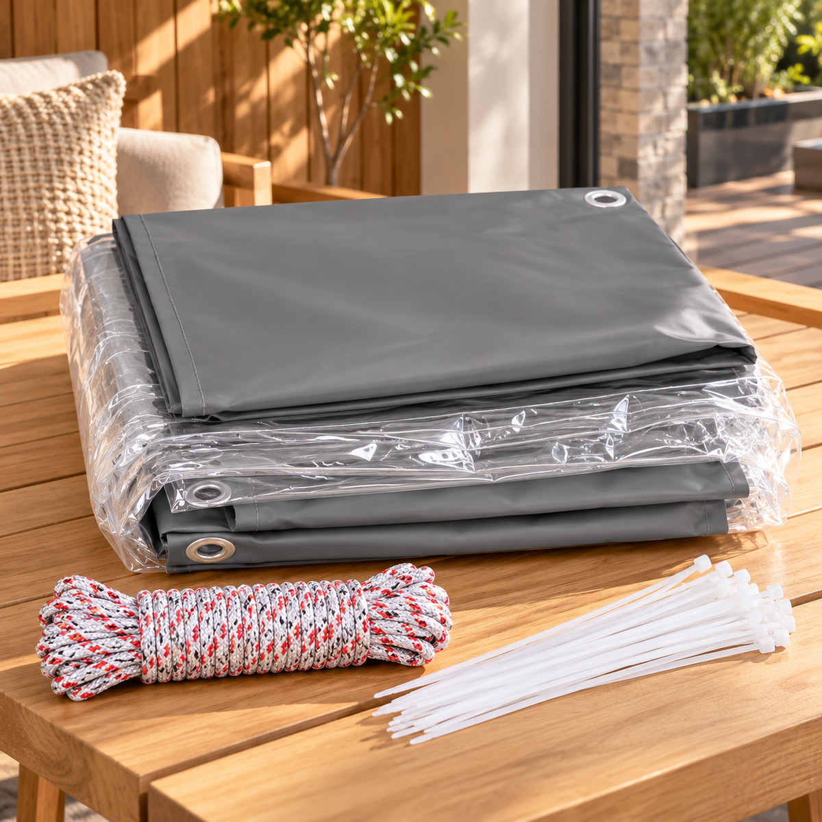Bâche PVC imperméable pour pergola et terrasse, associant une zone transparente et une partie grise pour créer une protection extérieure résistante contre la pluie et le vent | Clairéo™ | Instant rideau