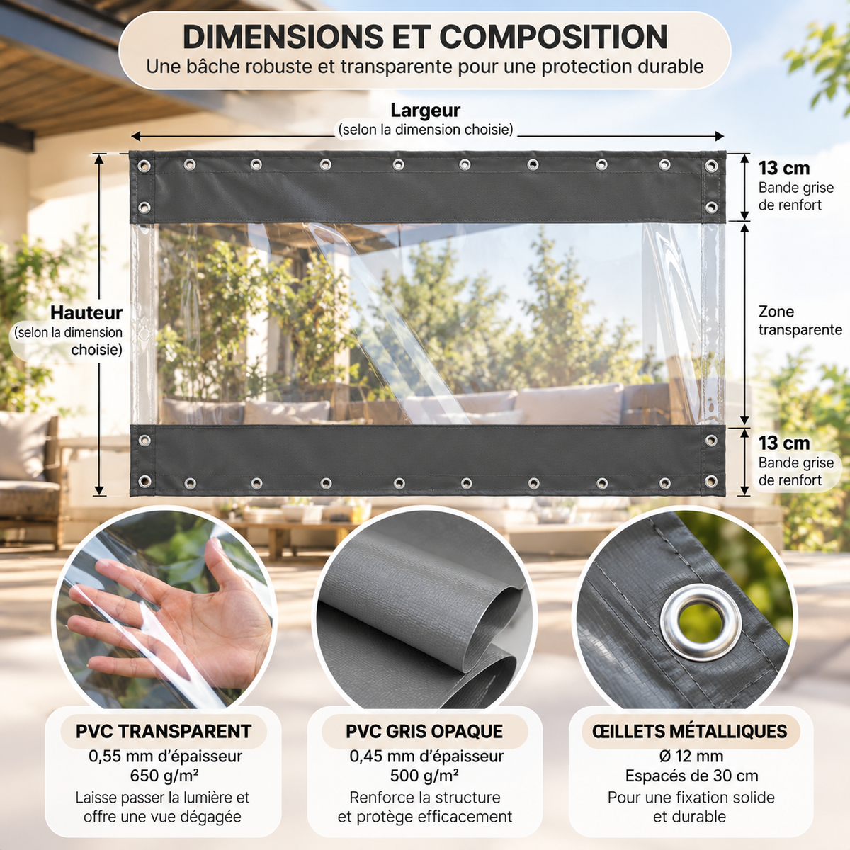 Bâche pour pergola en PVC composée d'une partie transparente et d'une partie grise, conçue pour protéger votre espace extérieur tout en préservant la visibilité sur le jardin | Clairéo™ | Instant rideau