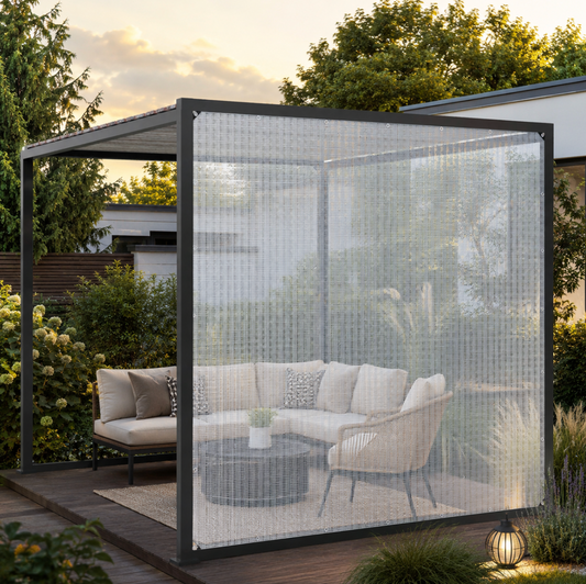 Bâche transparente imperméable pour protection extérieure contre pluie, vent, poussière et intempéries | ClearProtect | Instant Rideau