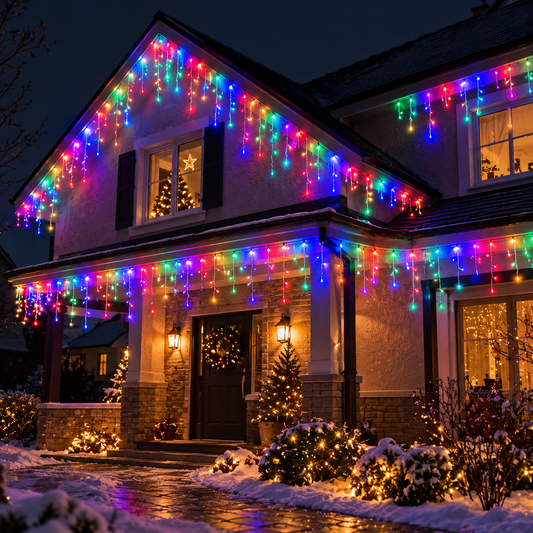 Cascade lumineuse LED multicolore pour Noël, idéale pour illuminer les façades, fenêtres et balcons avec des lumières colorées et une décoration festive | Instant Noël | Instant rideau