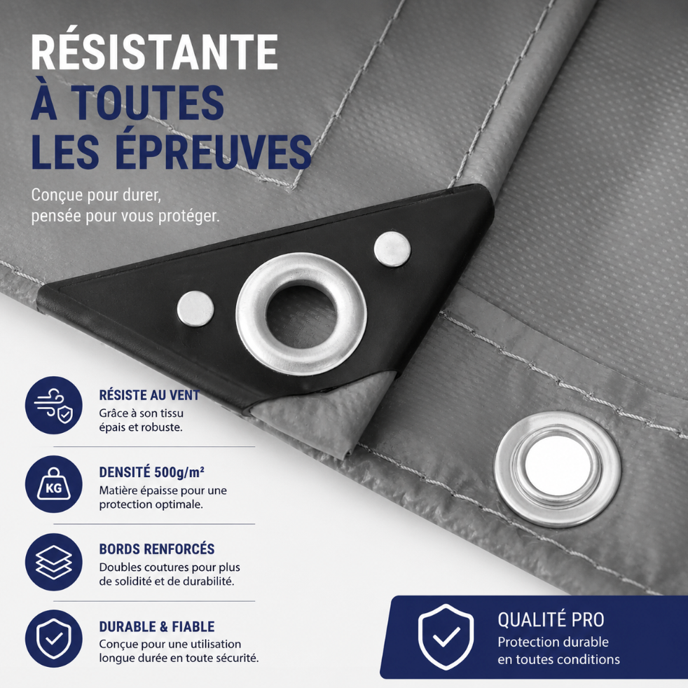 Dimensions bâche PVC 500 g/m² gris foncé avec œillets galvanisés tous les 50 cm, coins renforcés et protection extérieure longue durée | Protexia | Instant Rideau