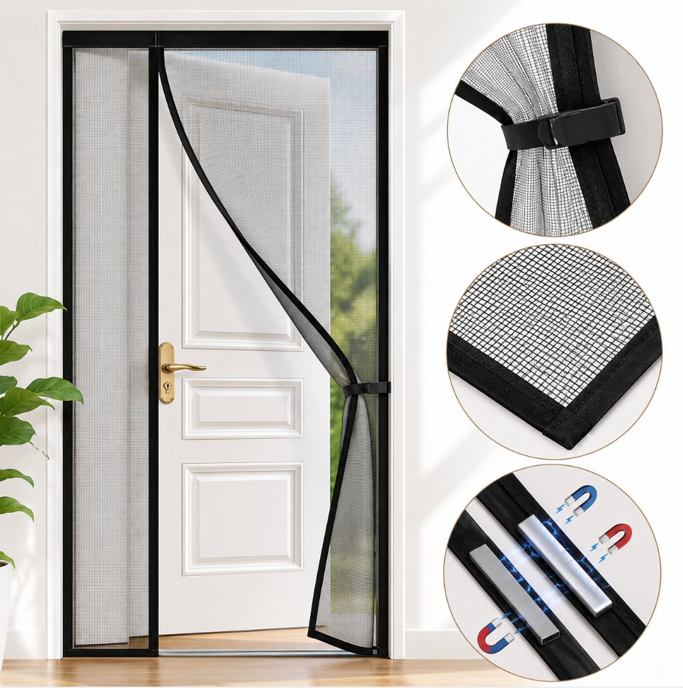 Dimensions moustiquaire magnétique pour porte avec fermeture automatique, toile respirante, fixation sans outils et plusieurs tailles disponibles | MosquiStop | Instant Rideau