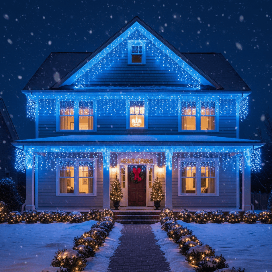 Guirlande bleue LED à lumière froide créant une ambiance hivernale magique pour Noël | Instant Noel