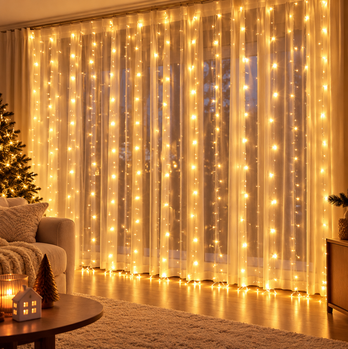 Guirlande cascade LED blanc chaud avec alimentation USB, idéale pour illuminer les fenêtres et les murs avec une décoration de Noël chaleureuse et féerique | Instant Noël | Instant rideau