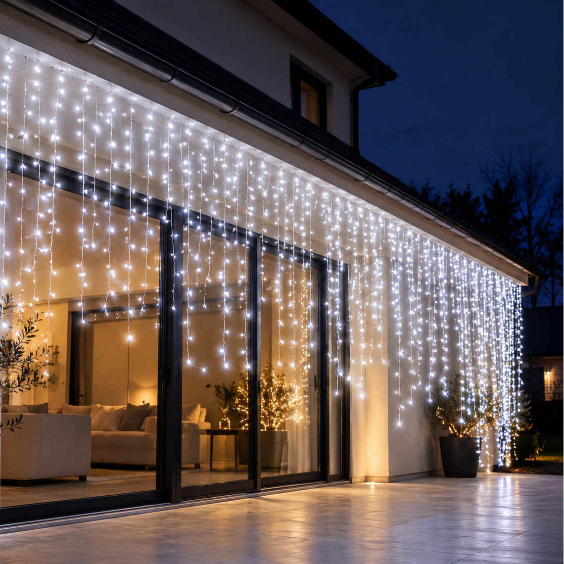 Guirlande cascade LED blanc froid pour décoration de Noël, parfaite pour créer un effet lumineux scintillant sur une maison, un balcon ou une terrasse pendant les fêtes de fin d'année | Éclat de Noël | Instant rideau