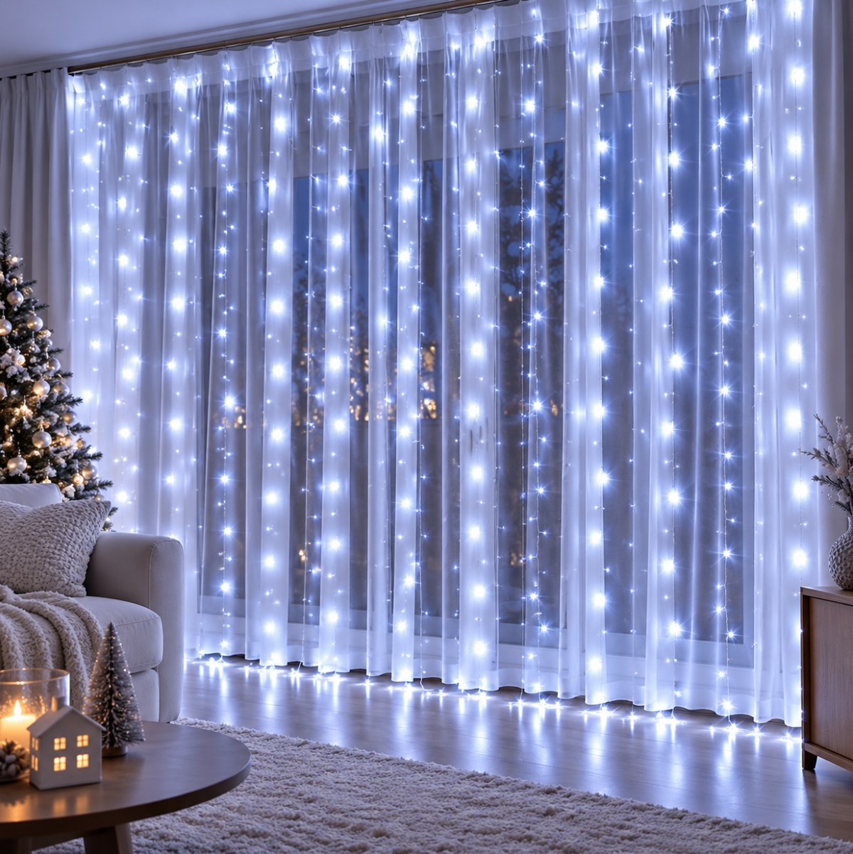 Guirlande cascade LED blanc froid avec alimentation USB, idéale pour illuminer les fenêtres et les murs avec une décoration lumineuse élégante pour Noël | Instant Noël | Instant rideau