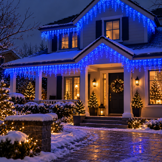 Guirlande cascade LED bleue avec alimentation USB, idéale pour illuminer les fenêtres, les murs et les décorations de Noël avec un éclairage bleu intense et une ambiance hivernale féerique | Instant Noël | Instant rideau