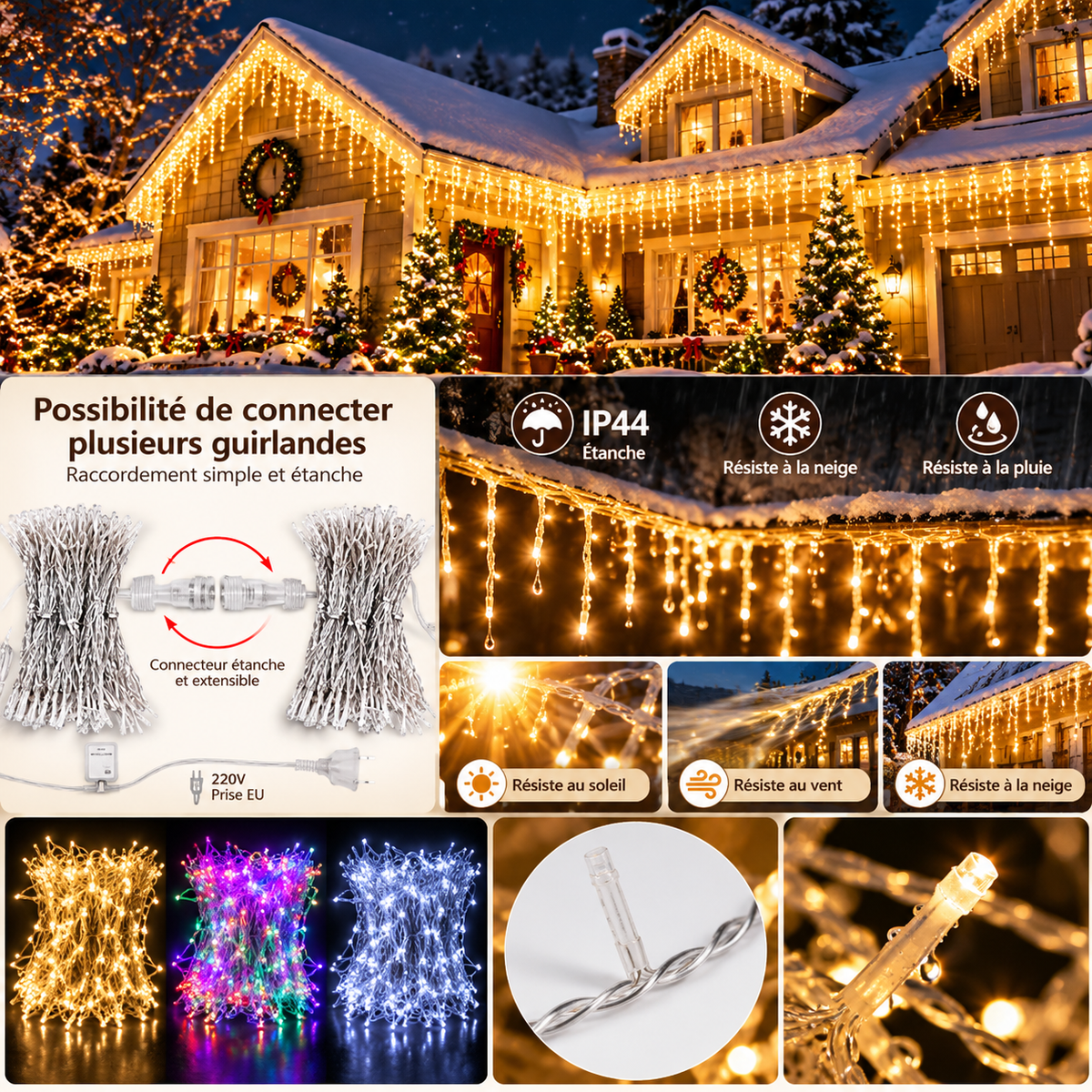 Guirlande cascade lumineuse LED blanc chaud pour décoration de Noël, parfaite pour créer une ambiance festive et cocooning dans le salon, la chambre ou près du sapin | Instant Noël | Instant rideau