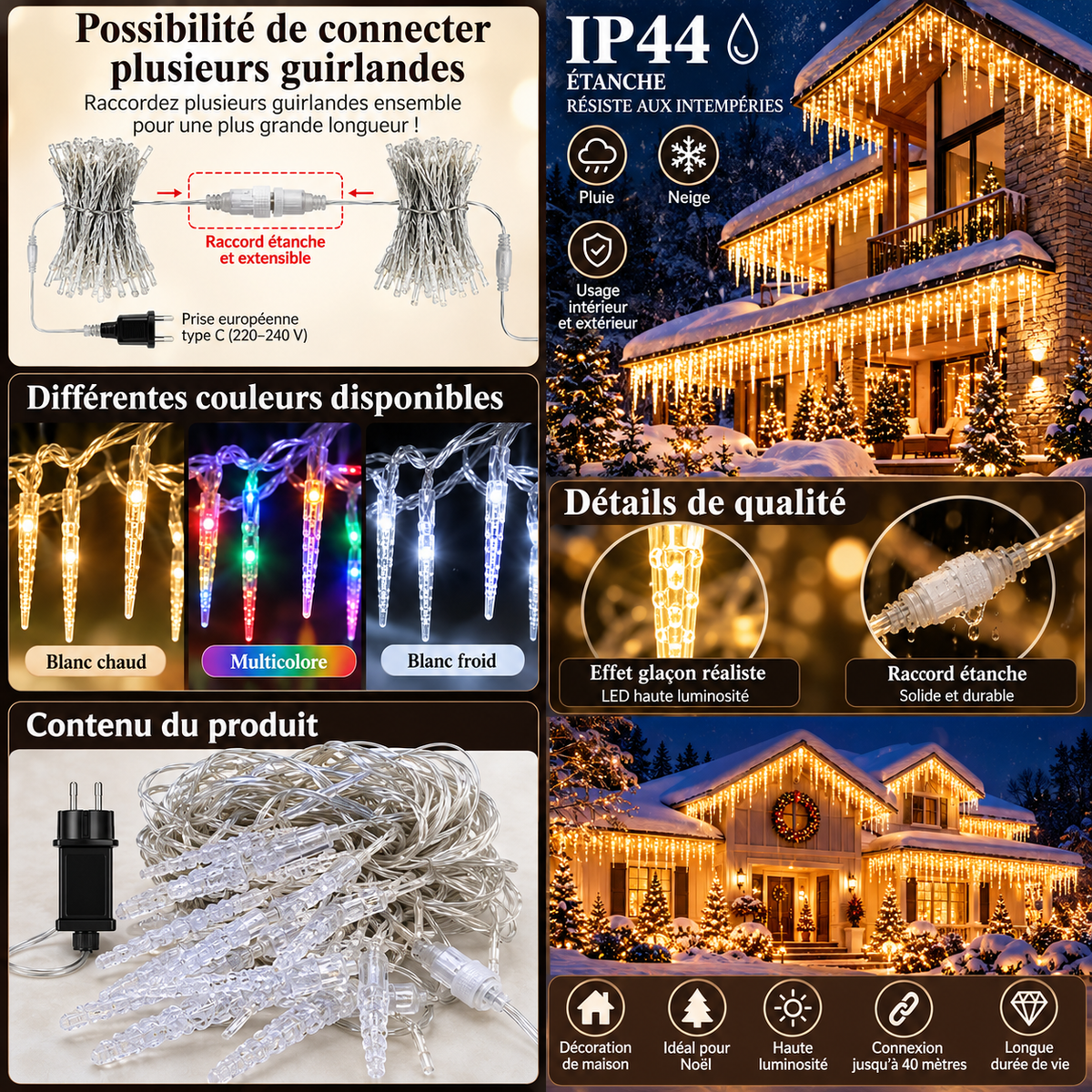 Guirlande lumineuse à glaçons LED pour décoration de Noël, idéale pour créer une ambiance chaleureuse et festive sur une maison, une fenêtre ou un balcon | Instant Noël | Instant rideau