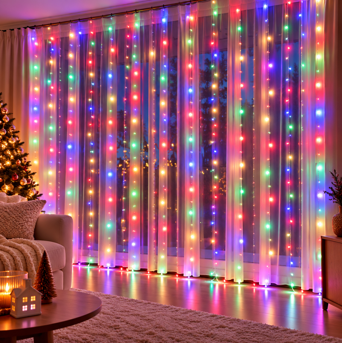 Guirlande LED cascade USB pour décoration intérieure, avec éclairage multicolore créant une ambiance féerique et chaleureuse pendant les fêtes de fin d'année | Instant Noël | Instant rideau