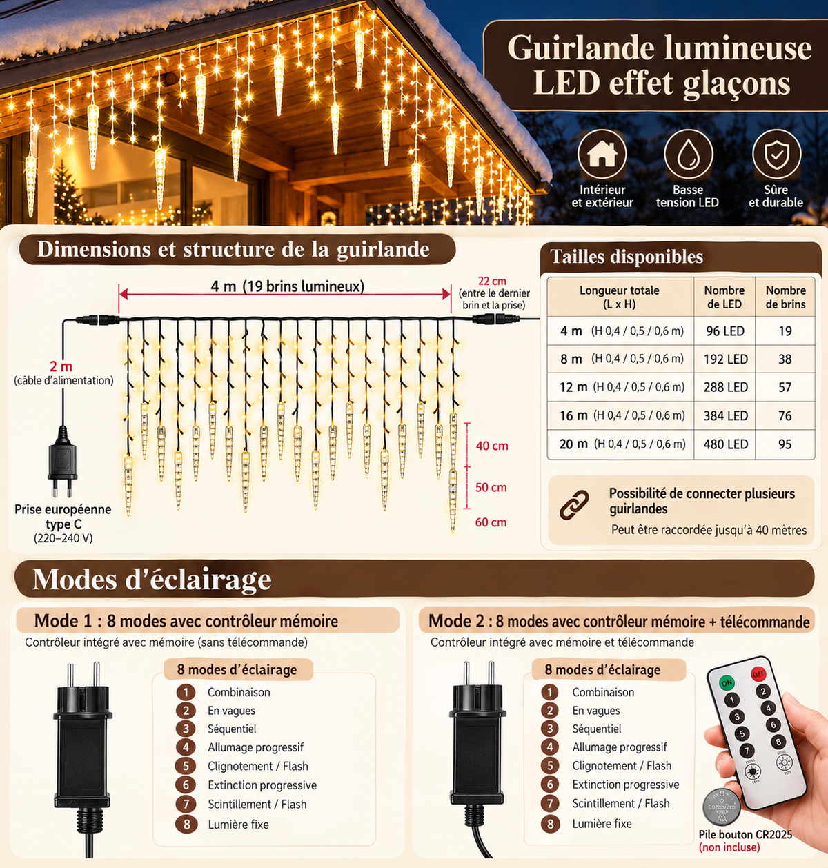 Guirlande LED de Noël pour décoration extérieure, résistante aux légères pluies et aux éclaboussures, idéale pour embellir la maison pendant les fêtes de fin d'année | Instant Noël | Instant rideau