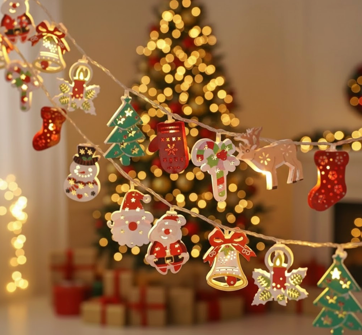 Guirlande lumineuse LED ornée de décorations de Noël, idéale pour sublimer sapins et intérieurs | Instant Noel