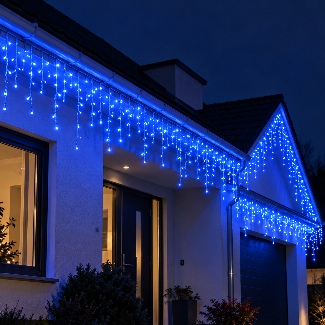 Guirlande lumineuse glaçons LED bleue pour extérieur, idéale pour illuminer les façades, les toitures et les balcons avec une décoration de Noël féerique aux reflets bleus | Instant Noël | Instant rideau