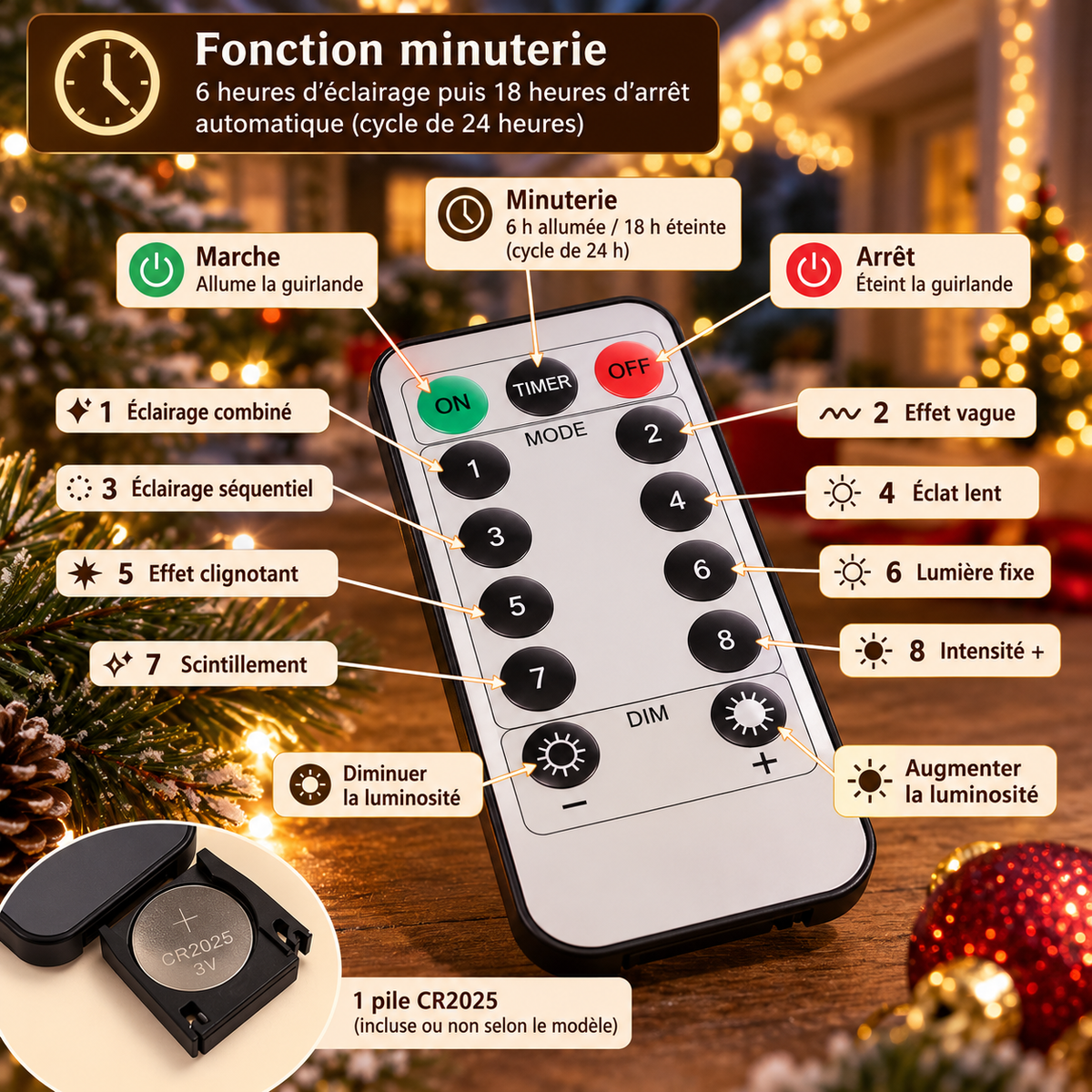 Guirlande lumineuse LED blanc chaud pour Noël, idéale pour sublimer les fenêtres, les balcons et les décorations de maison avec un éclairage doré et une ambiance hivernale chaleureuse | Éclat d’Hiver | Instant Noël