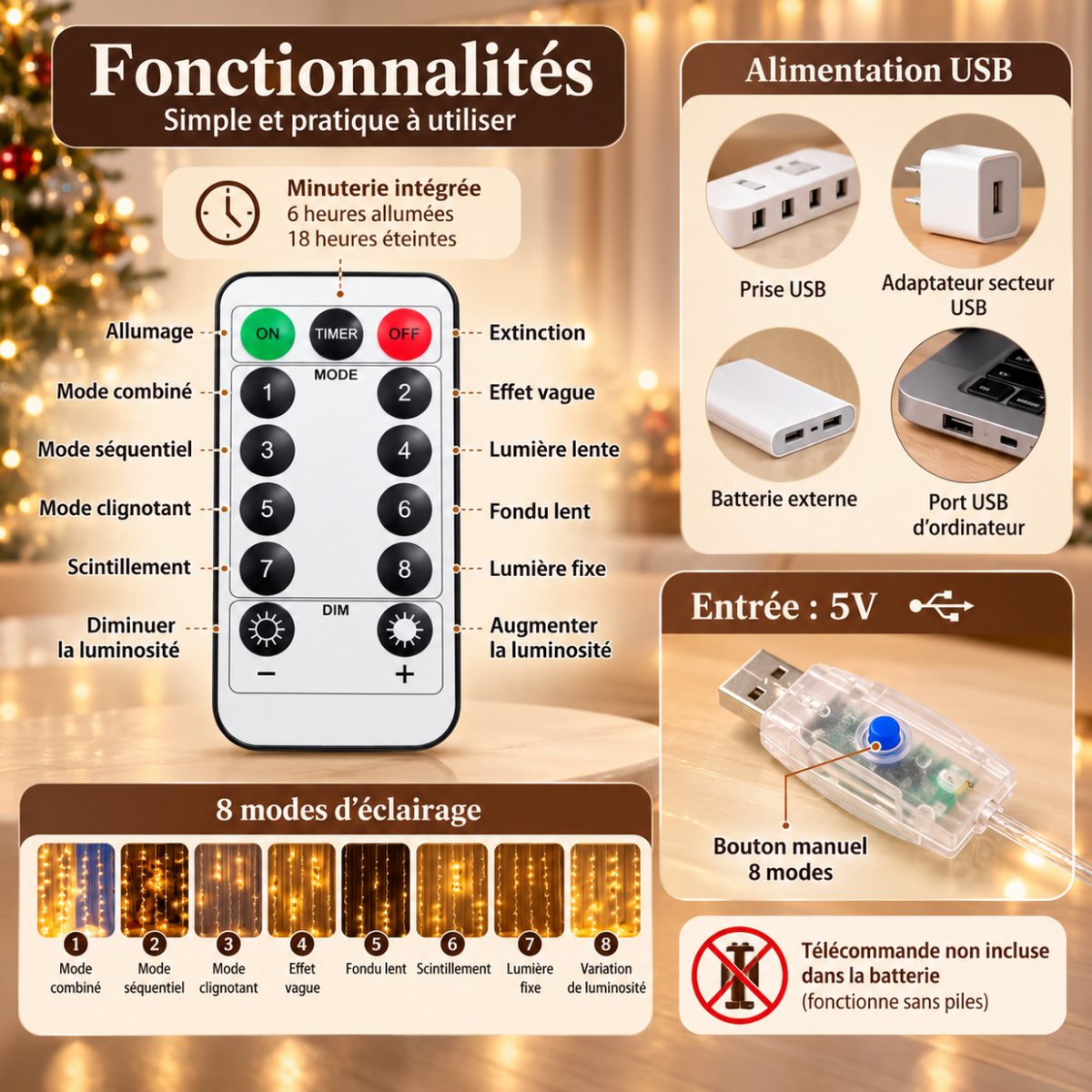 Guirlande lumineuse de Noël blanc chaud en forme de rideau LED, parfaite pour décorer un salon, une chambre ou une fenêtre avec un éclairage doux et chaleureux | Instant Noël | Instant rideau