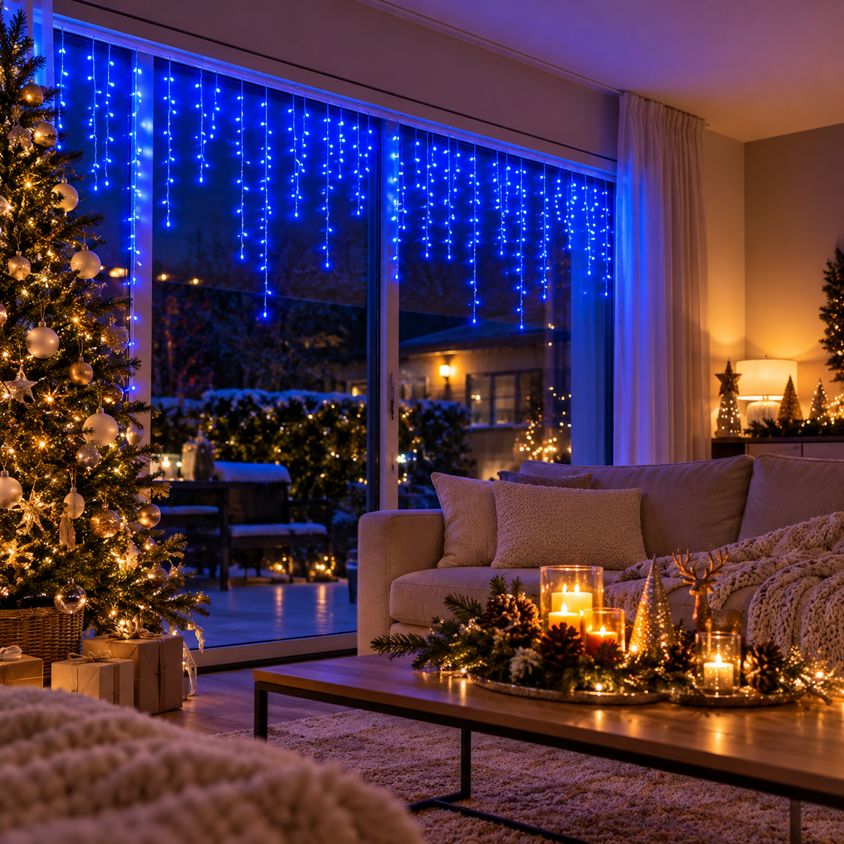 Guirlande lumineuse de Noël bleue avec effet cascade LED et branchement USB, parfaite pour créer une décoration festive dans le salon, la chambre ou autour des fenêtres | Instant Noël | Instant rideau