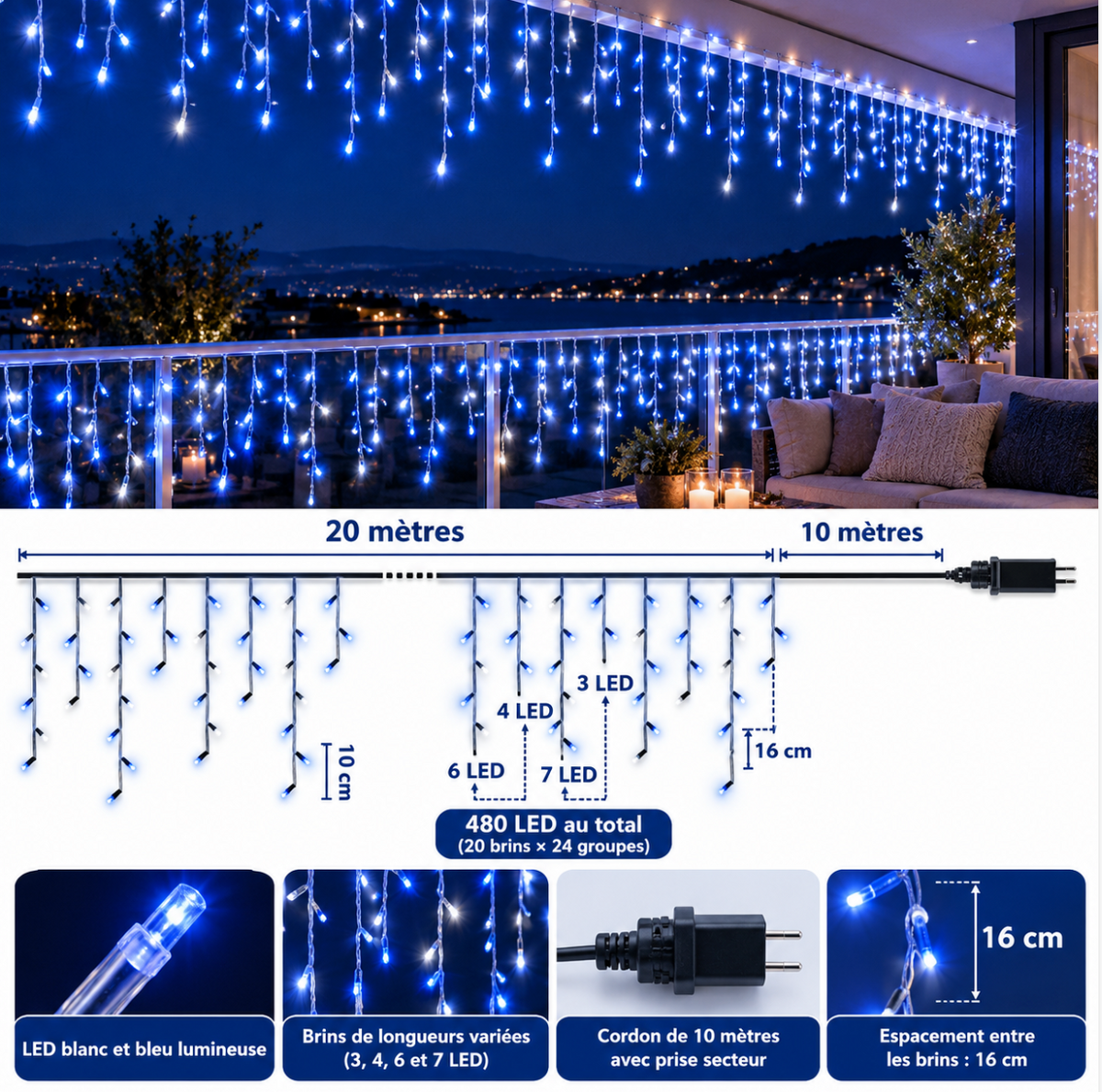 Guirlande de Noël LED blanche et bleue avec effet glaçons suspendus, parfaite pour décorer une façade de maison, une terrasse ou un balcon avec un éclairage hivernal scintillant | Instant Noël | Instant rideau