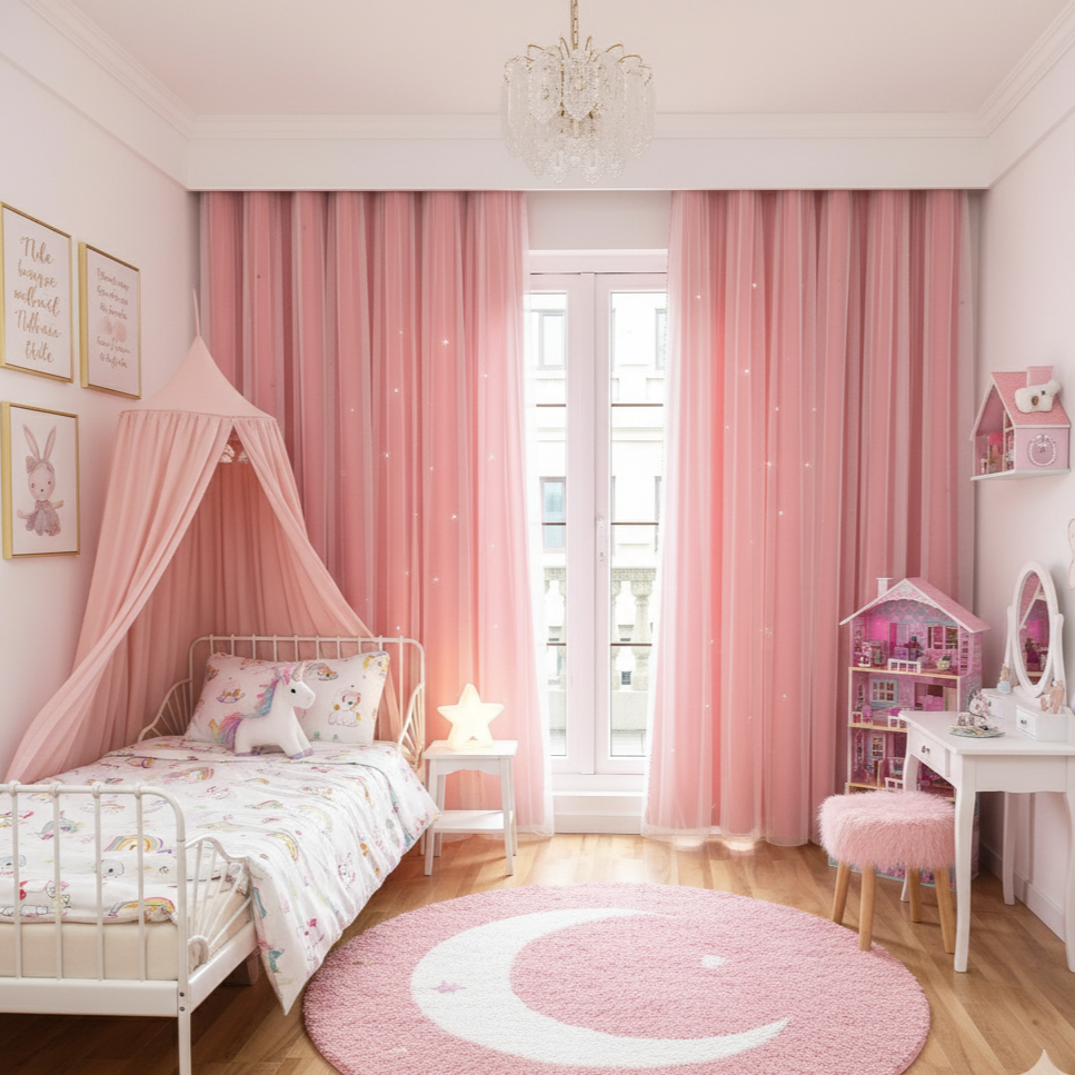 Lot de 2 rideaux rose occultants pour chambre enfant, créant une ambiance féérique et cocon de douceur | Kidy | Instant Rideau