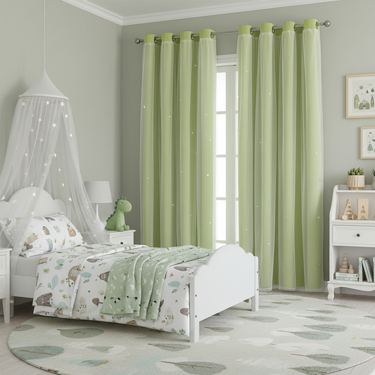 Lot de 2 rideaux verts occultants en polyester 100 %, offrant confort total et nuits paisibles | Kidy | Instant Rideau