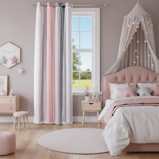 Lot de 2 Rideaux chambre enfant rose et gris | Princess | Instant Rideau