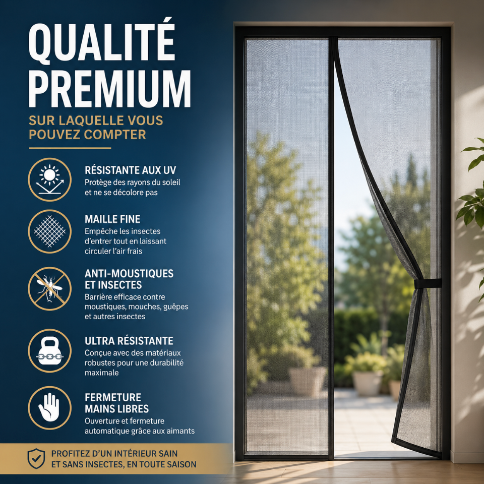 Moustiquaire anti moustiques pour porte avec aimants puissants, fermeture silencieuse, protection contre les insectes volants et toile résistante aux UV | MosquiStop | Instant Rideau