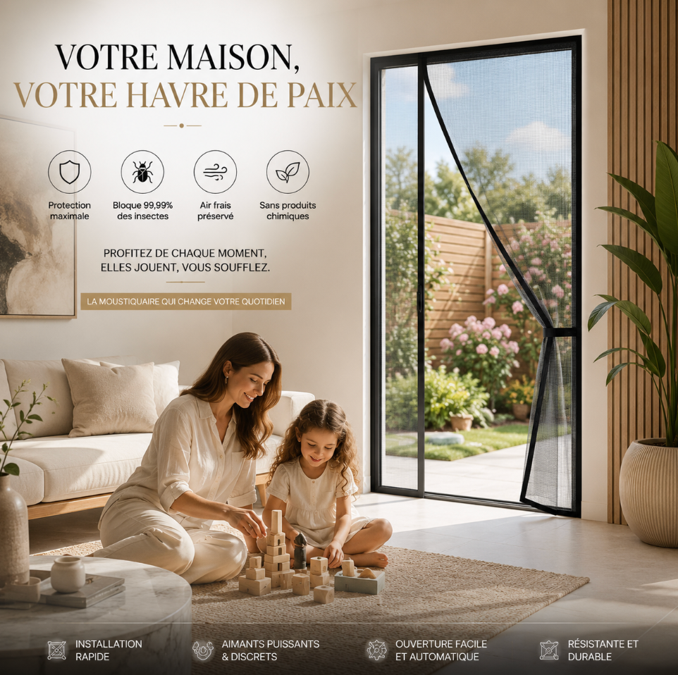 Moustiquaire pour porte adaptée aux familles avec enfants et animaux de compagnie, ouverture facile, fermeture automatique et protection durable | MosquiStop | Instant Rideau