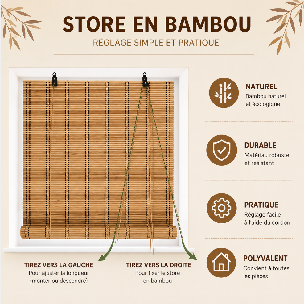 Store en bambou réglage simple et facile d'installation | Bambora | Instant rideau 