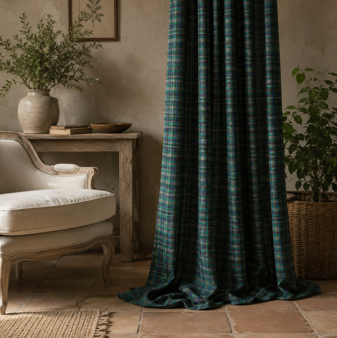 Rideau à carreaux Vichy en lin et coton pour salon, tissu semi-occultant filtrant la lumière et apportant une décoration naturelle au charme cottage | Cottage | Instant rideau