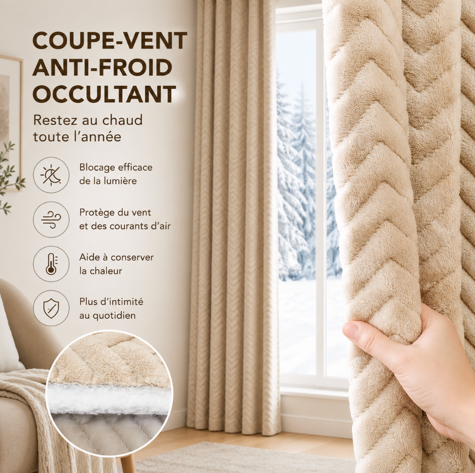 Rideau anti-froid beige épais avec doublure effet velours et conception coupe-vent, créant une barrière supplémentaire devant les fenêtres en période froide | Acrome | Instant rideau