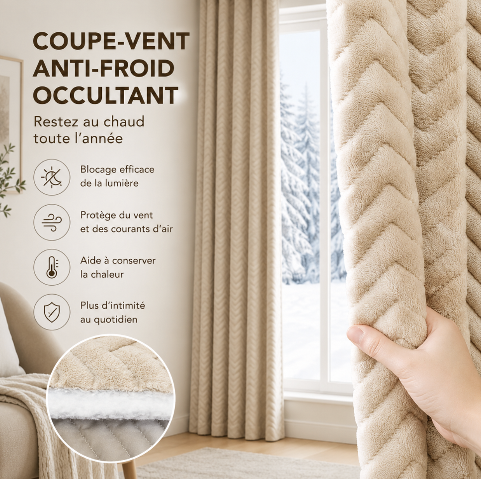 Rideau anti-froid beige épais avec doublure effet velours et conception coupe-vent, créant une barrière supplémentaire devant les fenêtres en période froide | Acrome | Instant rideau