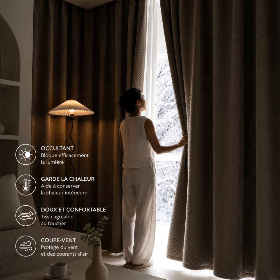 Rideau beige épais coupe-vent pour salon avec effet occultant et doublure velours, associant confort, élégance et protection contre les courants d’air | Acrome | Instant rideau