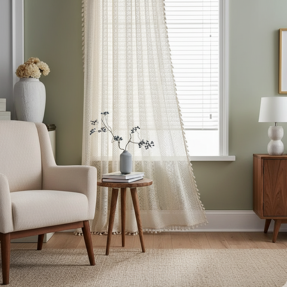 Voilage beige léger pour créer une ambiance chaleureuse et lumineuse | Tisséo | Instant rideau