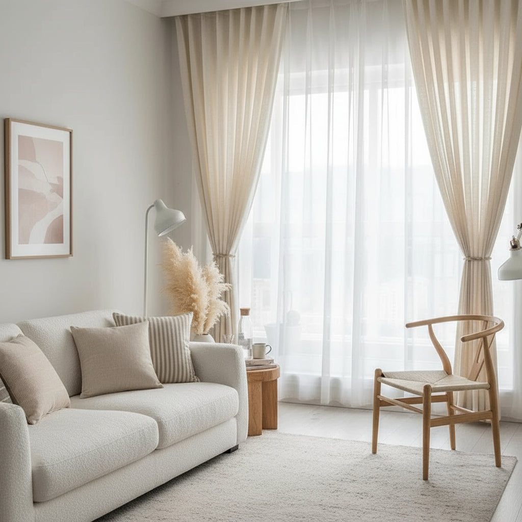 Rideau beige pour salon, tamisant la lumière et créant une ambiance chic et accueillante | Lineo | Instant Rideau