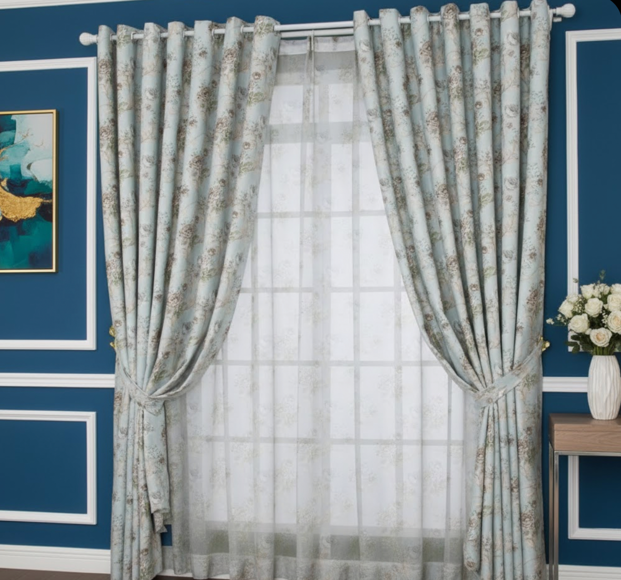 Rideau bleu floral avec voilage assorti | Althéa | Instant Rideau