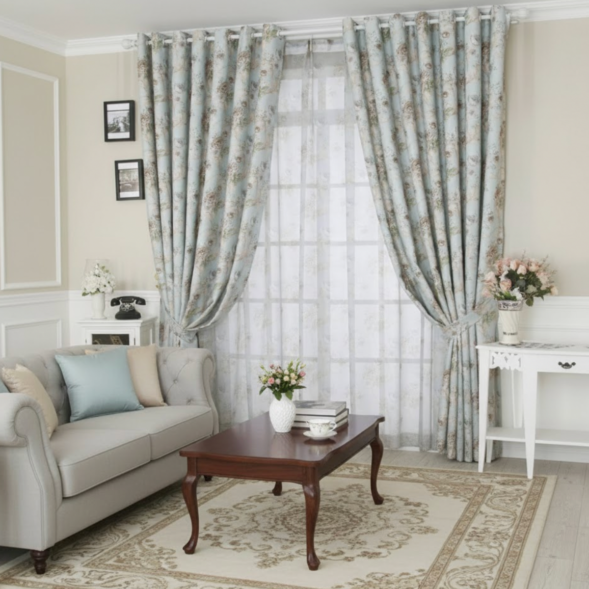 Ensemble rideau et voilage bleu floral | Althéa | Instant Rideau