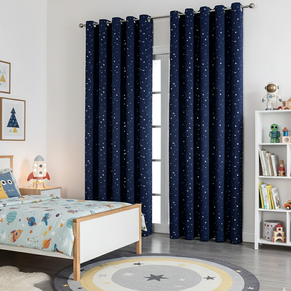 Rideau bleu nuit avec motifs étoilés pour créer une atmosphère féerique et immersive dans votre intérieur | Stars | Instant rideau