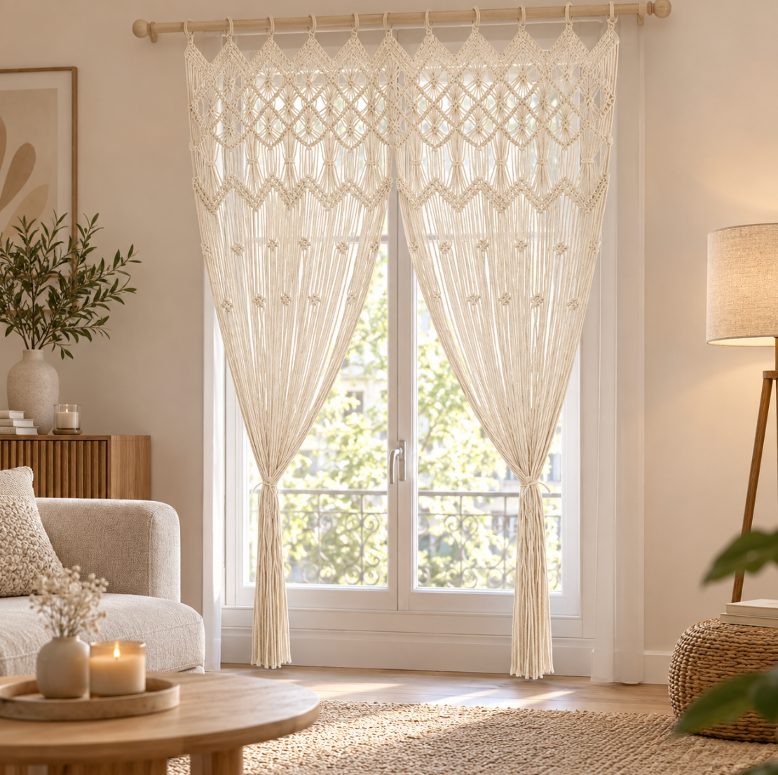 Rideau bohème en macramé de coton pour habiller une fenêtre ou une ouverture avec une décoration textile naturelle et élégante | Macramia | Instant rideau
