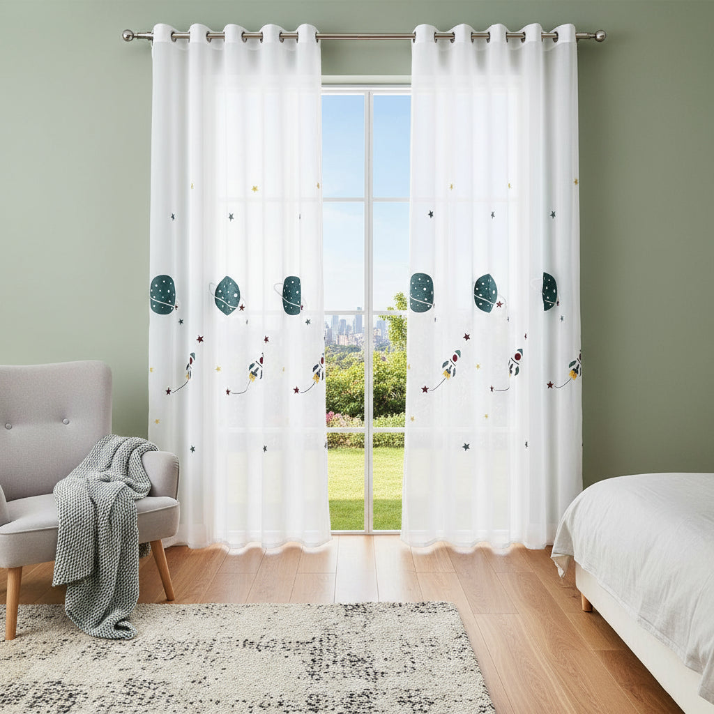Rideau pour chambre enfant blanc sur le thème de l'espace avec dessin de fusée | Space | Instant rideau 