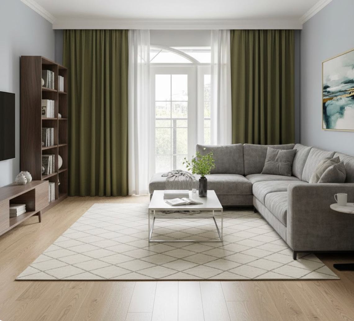 Rideau occultant en chenille vert olive, finition luxueuse et moderne | Rups | Instant Rideau