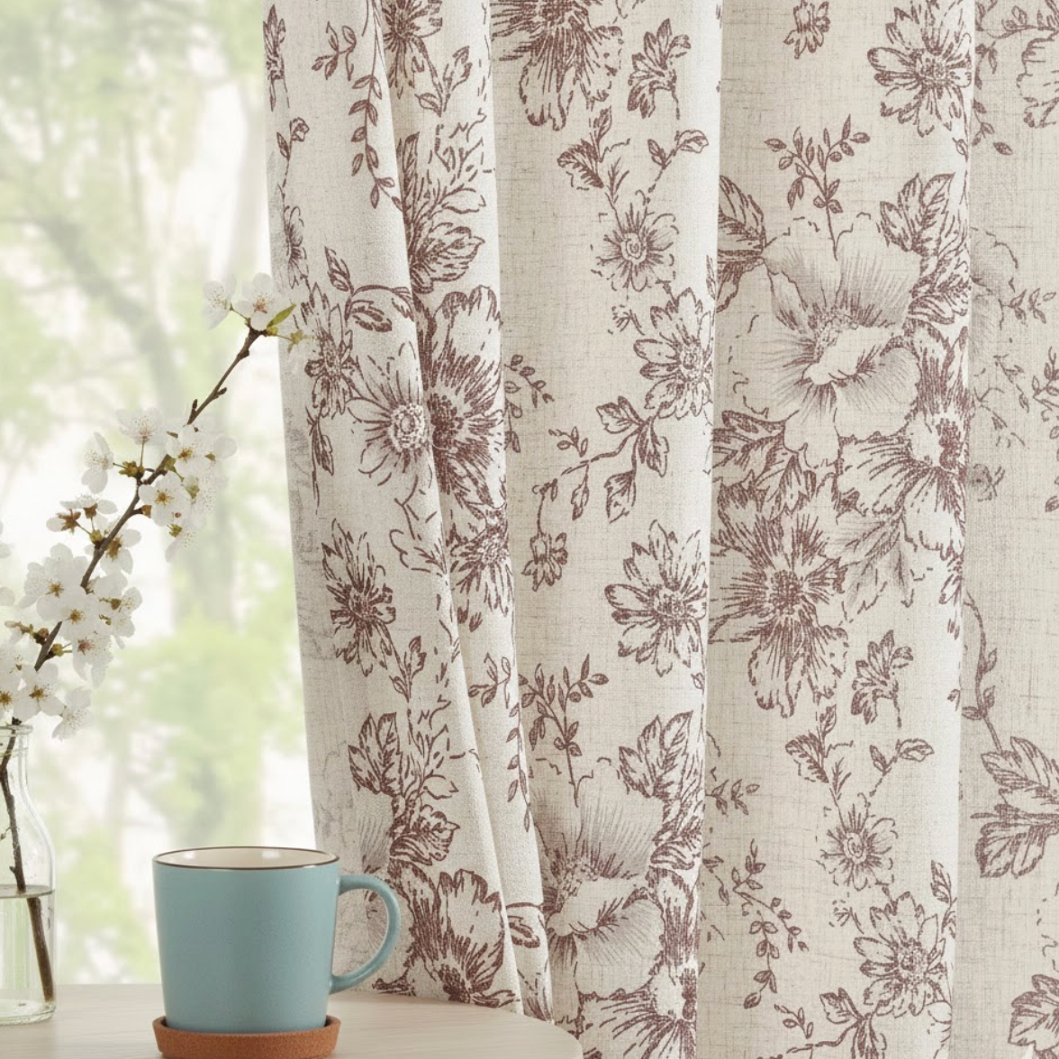 Rideau coton et lin à fleurs rouges pour décoration de salon chic et lumineuse | Cotale | Instant rideau