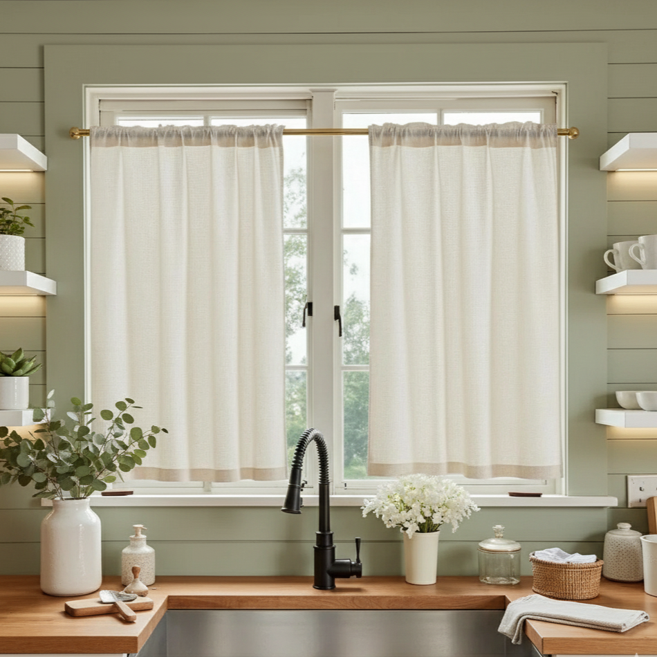 Rideaux de cuisine en lin beige – lot de 2 – Instant Rideau