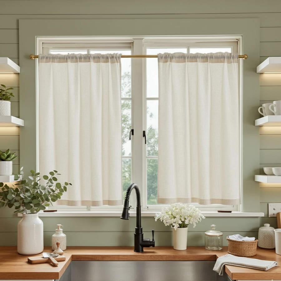 Rideaux de cuisine en lin beige – lot de 2 – Instant Rideau