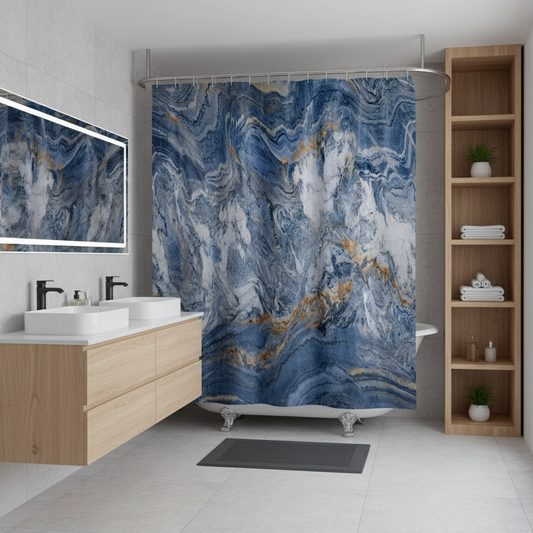 Rideau de douche couleur blanc et bleu salle de bain effet marbre | Marbrelle | Instant rideau 