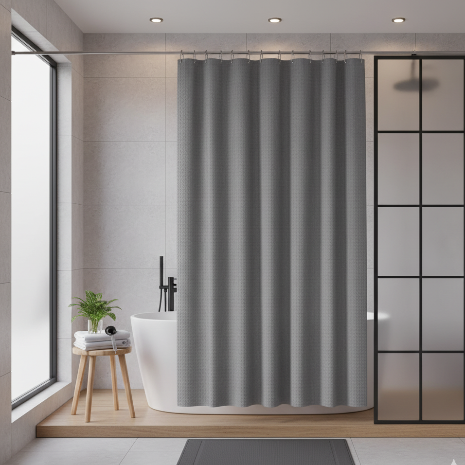 Rideau de douche gris fonce avec un tapis de douche gris | Waffle | Instant Rideau