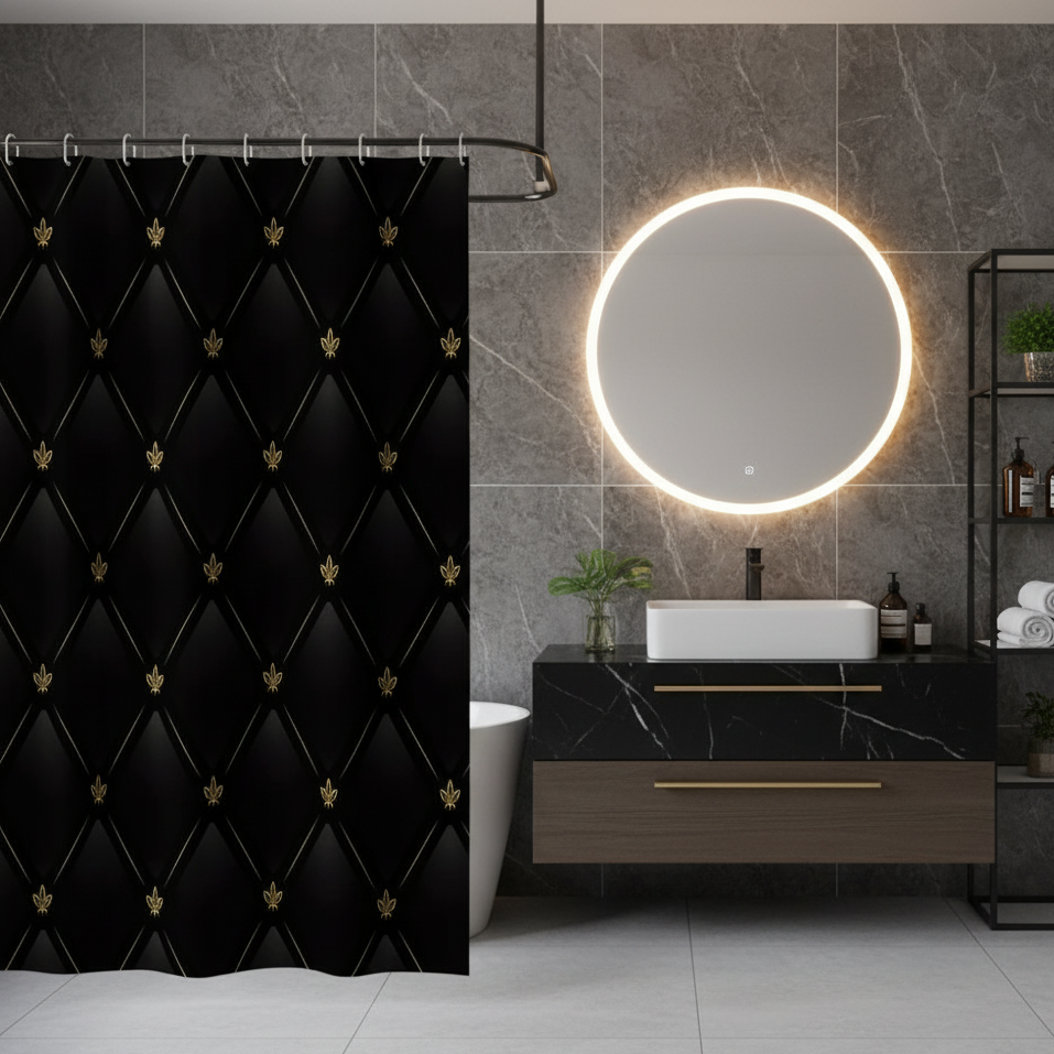 Rideau de douche noir et doré dans salle de bain | Hydra | Instant rideau 