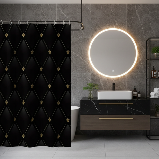 Rideau de douche noir et doré dans salle de bain | Hydra | Instant rideau 