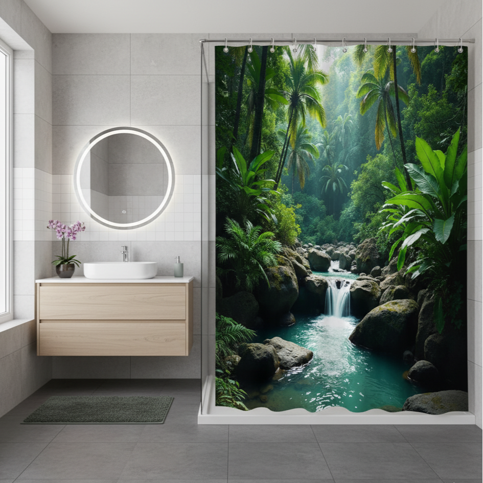 Rideau de douche moderne a motif avec un style nature dans salle de bain | Tropico | Instant rideau 