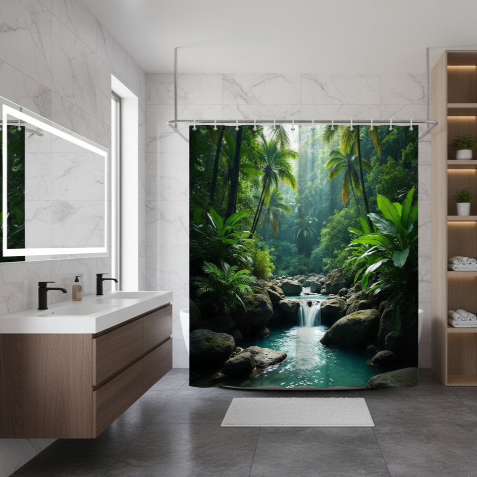 Rideau de douche style tropique dans salle de bain | Tropico | Instant rideau 