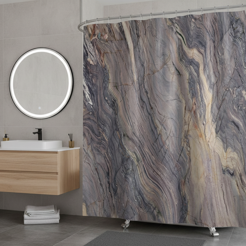 Rideau de douche couleur taupe salle de bain effet marbre| Marbrelle | Instant rideau 